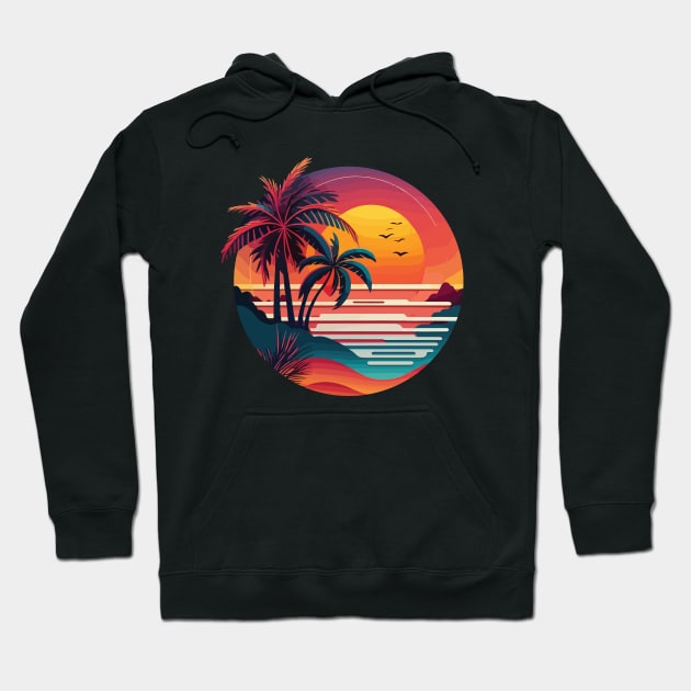 Summer Sunset Palm Tree Beach Ocean Artistic Paradise Hoodie by vectrus